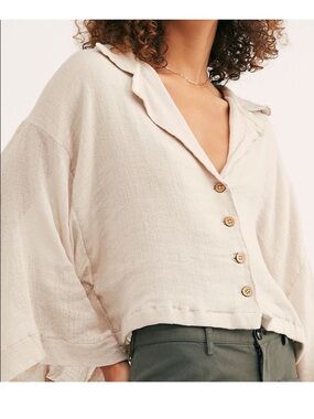 Free People Cream Woven Button Down Top Oversized Fit with Flare Sleeves Size XS